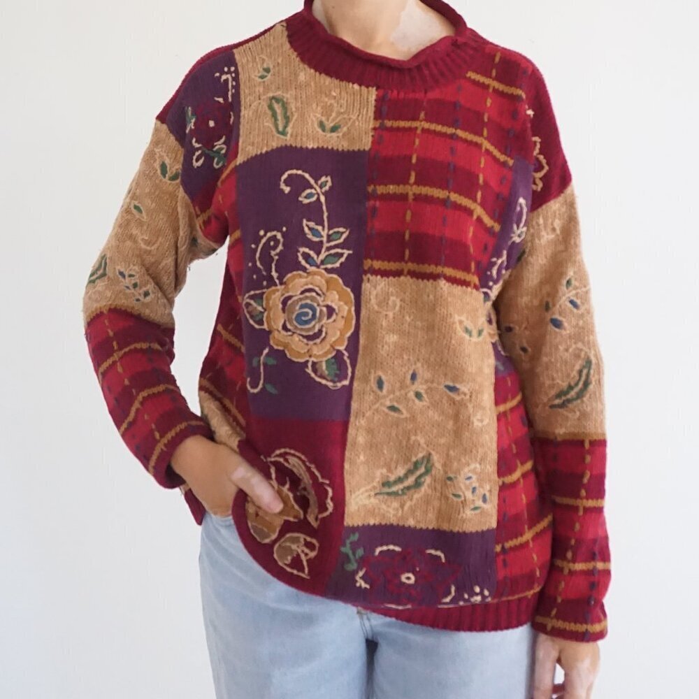 Vintage Gina Peters Burgundy Patchwork Floral Knit Crewneck Grandpa Sweater M